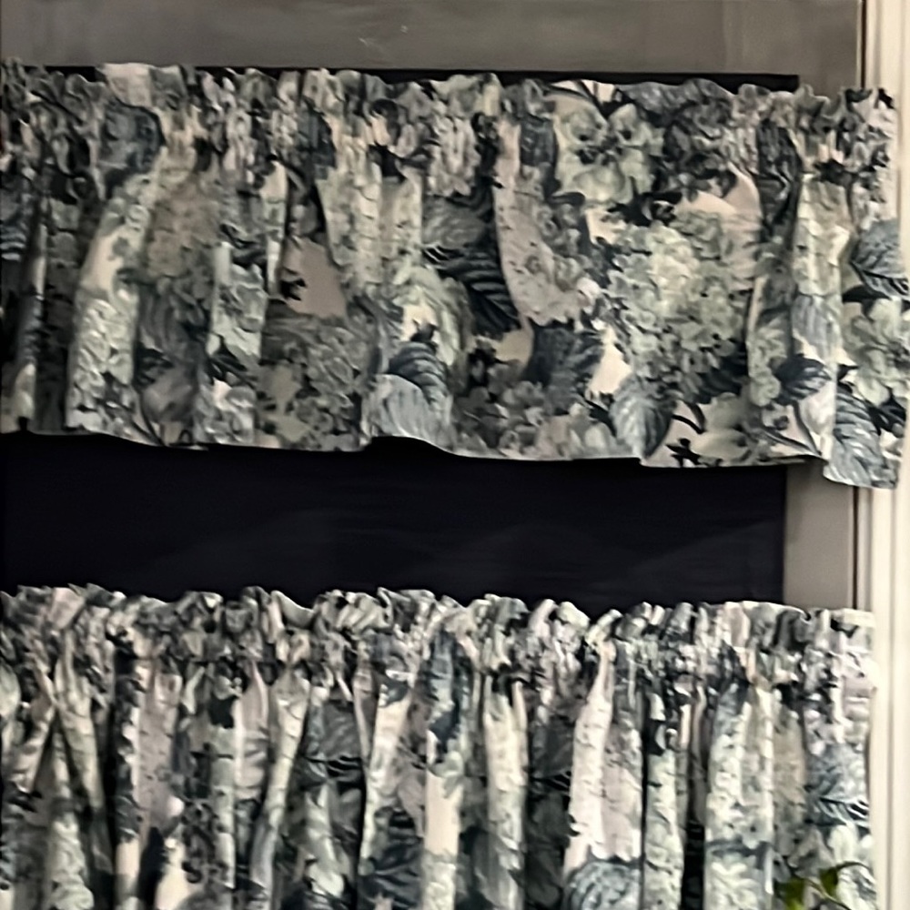 Handmade curtain panels and valances. Blue flowered pattern.